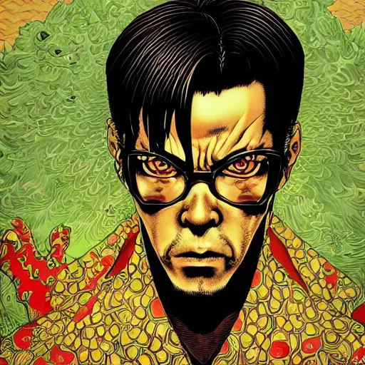 Image similar to portrait closeup of crazy yakuza man, symmetrical, by yoichi hatakenaka, masamune shirow, josan gonzales and dan mumford, ayami kojima, takato yamamoto, barclay shaw, karol bak, yukito kishiro