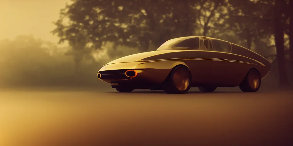 Prompt: parked retro futuristic vintage polished car, fog, rain, volumetric lighting, beautiful, golden hour, sharp focus, photorealistic, highly detailed, cgsociety