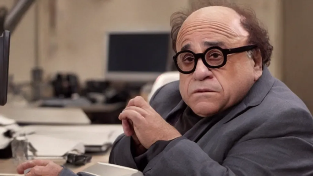 Image similar to danny devito bleary eyed at a computer, film still from the movie directed by Denis Villeneuve