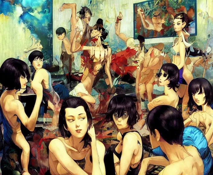 Prompt: a group of drug addicts passed out in an abandoned art deco designed apartment building, by shigenori soejima, by frank frazetta, by thomas kinkade, by ilya kuvshinov, digital painting masterpiece, beautiful brush strokes, advanced lighting technology, symmetry!!!, accurate and realistic faces and anatomy