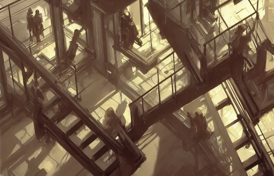 Prompt: greg manchess concept art of a the escher stairs dimension, key visual, ambient lighting, highly detailed, digital painting, artstation, concept art, sharp focus, by makoto shinkai and akihiko yoshida and hidari and wlop and greg rutkowski