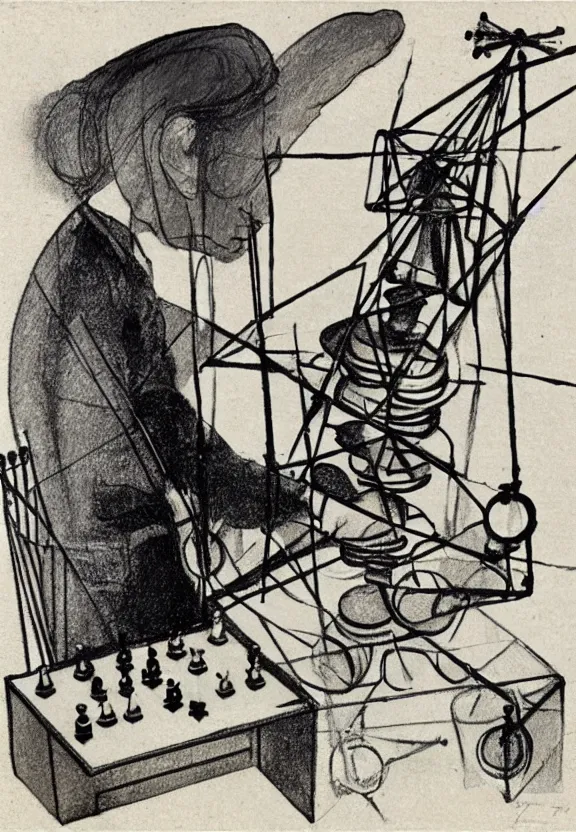 Image similar to a concept drawing of marcel duchamp holding up a chess - piece wire - machine, a surrealist painting by marcel duchamp, complex artificial - intelligence machinery, minimal sketch flow - chart, academic art, 1 9 2 0 s