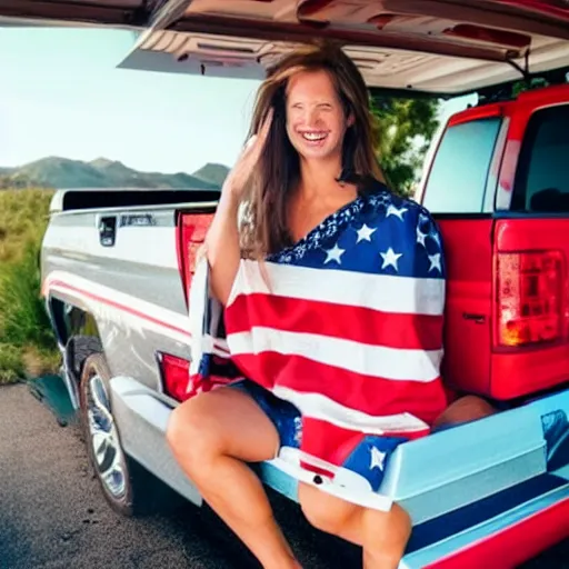 Prompt: photo of woman in the back of a pickup truck wearing bikinis drinking beer waving the american flag. the woman is completely drunk but still attractive and supports biden.