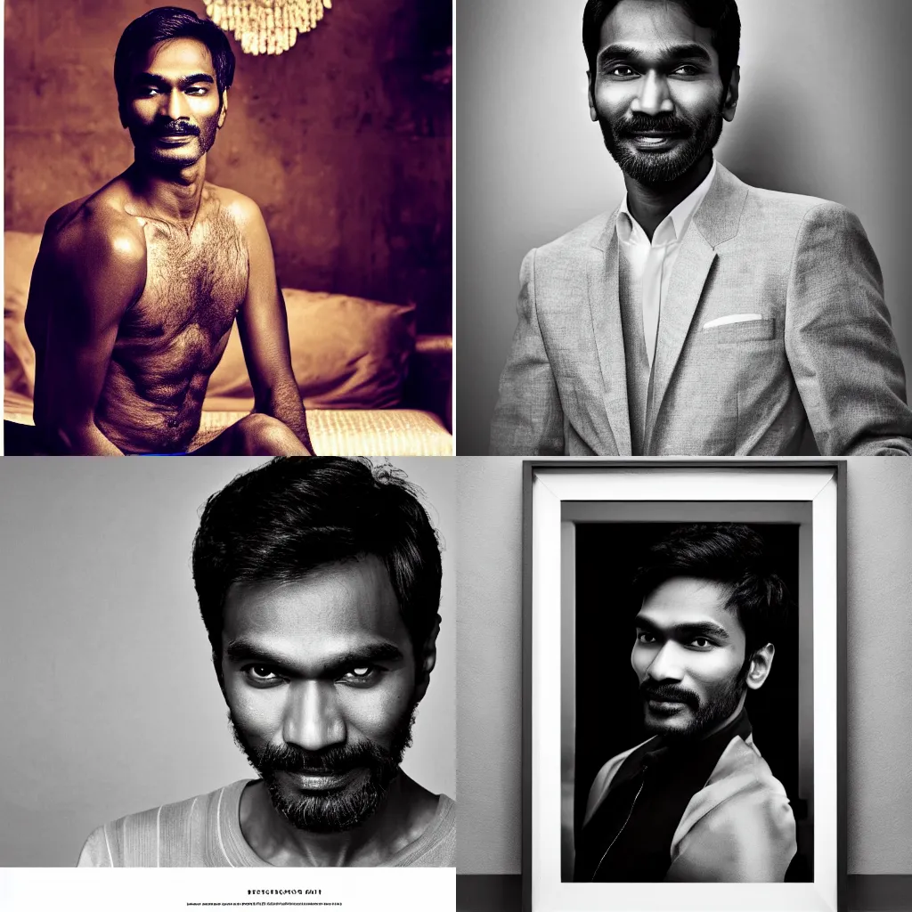 Prompt: portrait of Dhanush in the style of Mario Testino, detailed, 82 mm sigma art