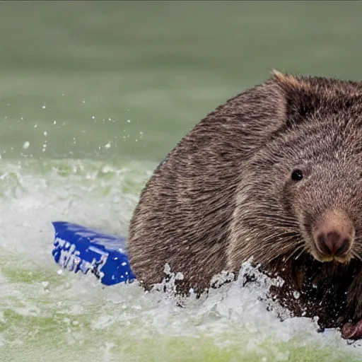 Prompt: wombat playing chess or a raft in stormy seas realistic waves