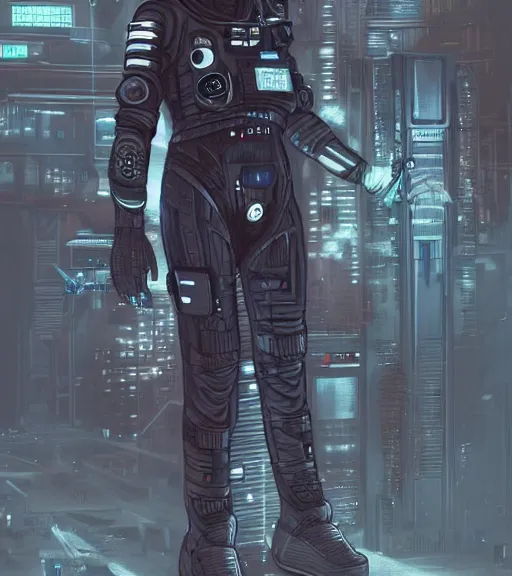 Image similar to realistic cyberpunk engineer with long limbs and a black spacesuit on a spacewalk, techwear, dead space, visible face, Industrial Scifi, detailed illustration, character portrait, by Martin Grip and Moebius