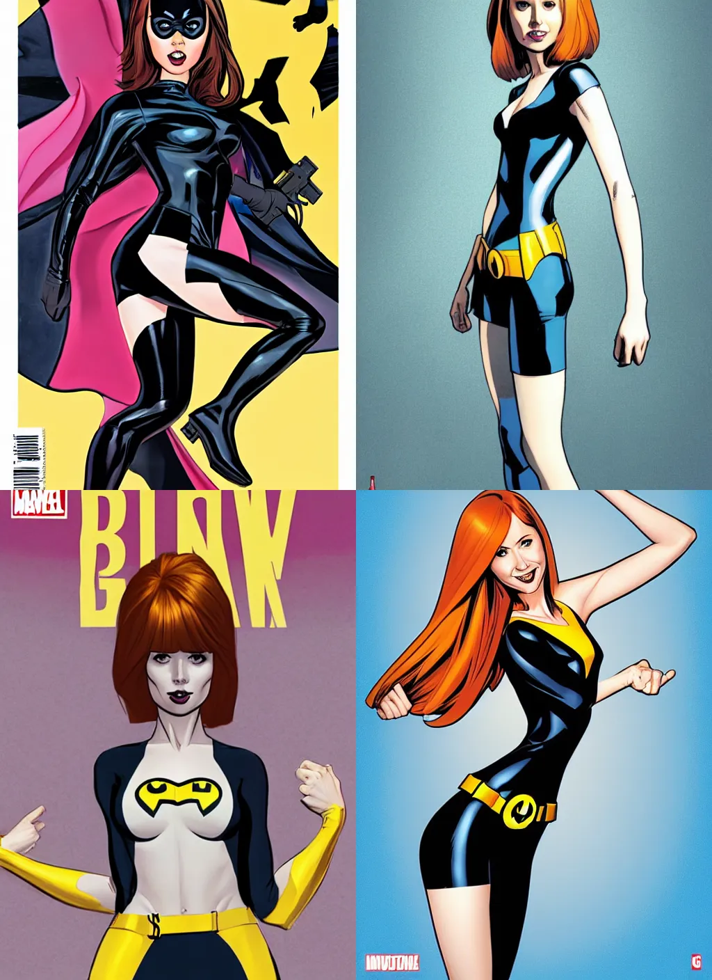 Prompt: in the style of Phil Noto comicbook cover art, Karen Gillan Batgirl, fun pose Symmetrical body, smile