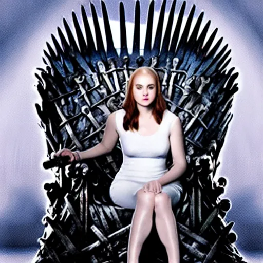 Prompt: pale queen sitting on the iron throne from game of thrones inside a dark throne room filled with moonlight