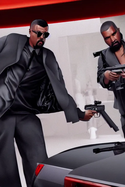 Image similar to hyperrealistic cinematic portrait of chow yun - fat and kanye west, wearing tuxedos, shooting guns in a quentin tarantino movie, 8 k, pulp fiction style, unreal engine