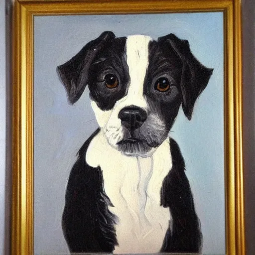 Image similar to oil painting of a black and white cute dog, oil in canvas, painted by van gogh