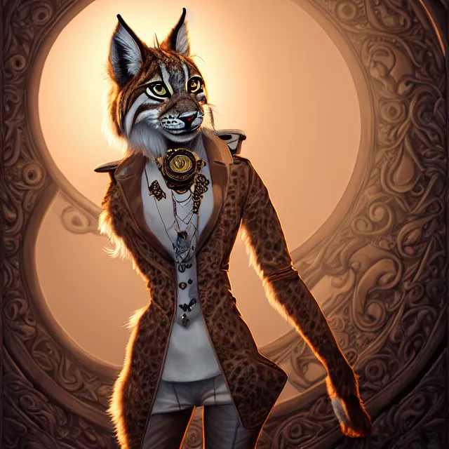 Image similar to the portrait of anthropomorphic lynx fursona wearing a steampunk suit as unimaginably beautiful, gorgeous, elegant, young lynx, an ultrafine hyperdetailed illustration by furaffinity, intricate linework, white fur, unreal engine 5 highly rendered, global illumination, radiant light, detailed and intricate environment