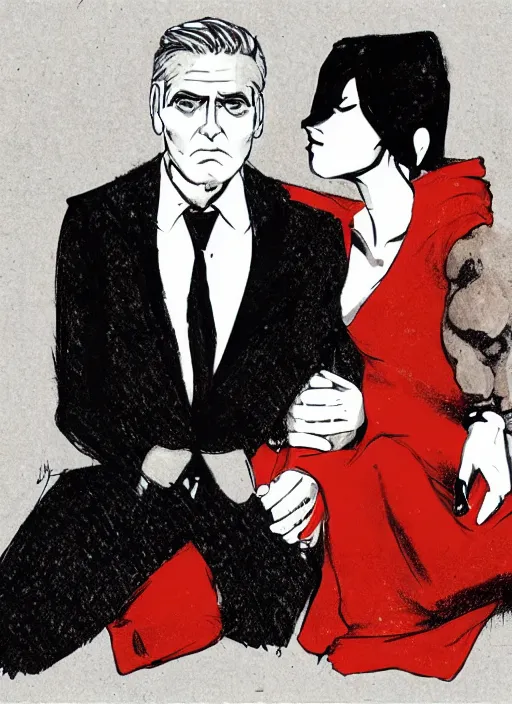 Prompt: george clooney wearing a formal black suit and kim basinger wearing a red dress in love sitting, in the style of ashley wood, in the style of ashley wood, wylie beckert, sam weber, joao ruas, kelsey beckett, james jean