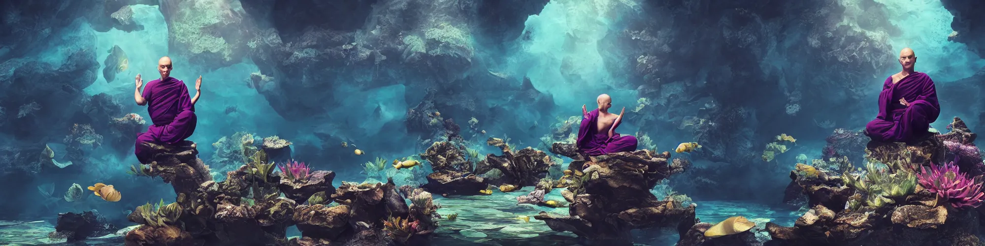 Prompt: backside of ancient wise monk meditating underwater, lotus pose, epic composition, fabrics flying around him, smoky, dark, mysterious, colourful fish, giant sea creatures, high detail, green and blue light, digital art, artstation, unreal engine 5, octane render