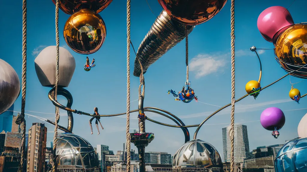 Prompt: large colorful futuristic space age metallic steampunk balloons with pipework and electrical wiring around the outside, and people on rope swings underneath, flying high over the beautiful futuristic city landscape, professional photography, 8 0 mm telephoto lens, realistic, detailed, photorealistic, photo journalism