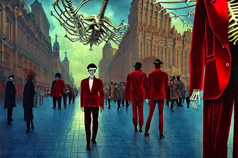 Image similar to realistic detailed photorealistic film portrait shot of a single skeleton wearing crimson velvet blazer in a crowded futuristic moscow street by Denis Villeneuve, Amano, Yves Tanguy, Alphonse Mucha, Ernst Haeckel, Andrei Tarkovsky, Edward Robert Hughes, Roger Dean, rich moody colours, wide angle, blue eyes