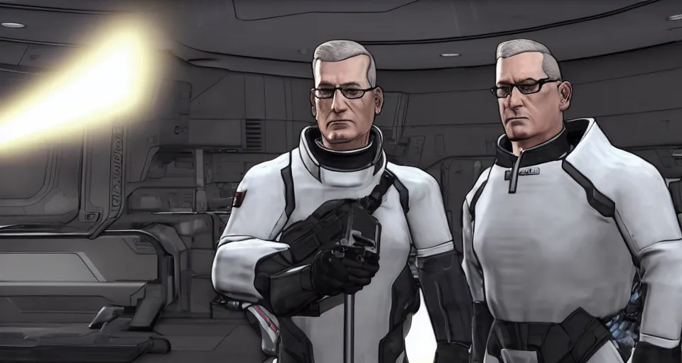 Prompt: ps 5. hank hill as commander shepard discussing the possibilities of propane tank based spaceship propulsion within the ssv normandy in mass effect 2. mid - conversation portrait. dim spaceship interior bg behind him. cutscene. hd.