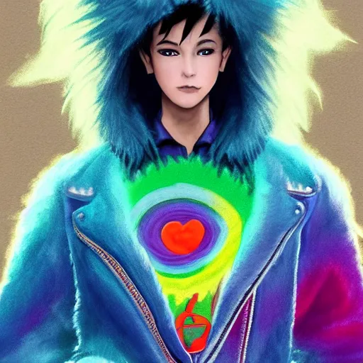 Image similar to wide angle full body, jacket wearing fluffy cute rainbow kitten wearing a black leather motorcycle jacket, riding on a motorcycle, cinematic concept art