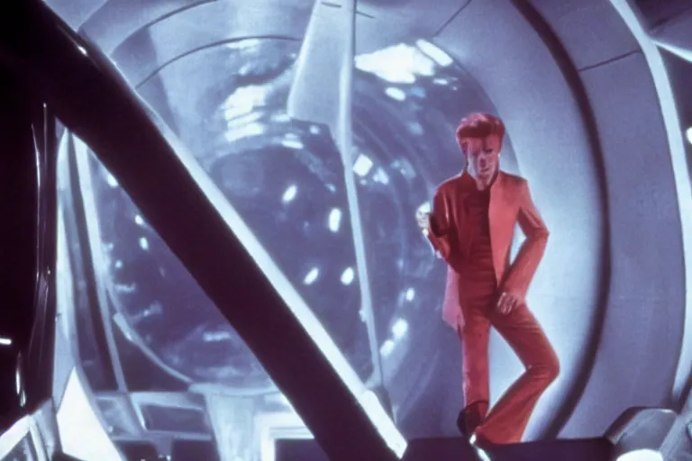 Image similar to David Bowie on the bridge of a starship, movie still