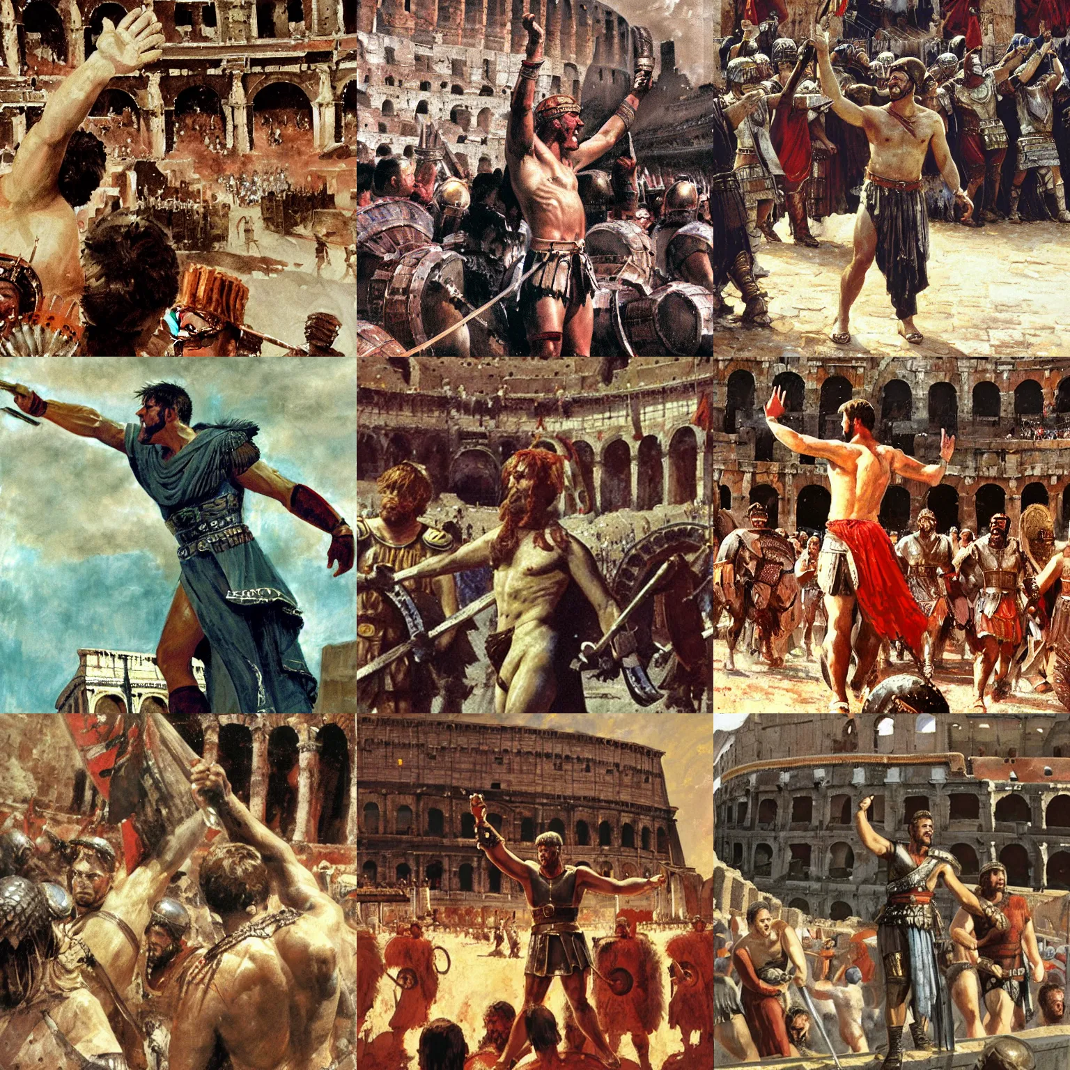 Prompt: triumphant gladiator in the middle of the colosseum from the movie gladiator ( 2 0 0 0 ), cheering crowd, detailed by greg manchess, craig mullins, bernie fuchs, walter everett