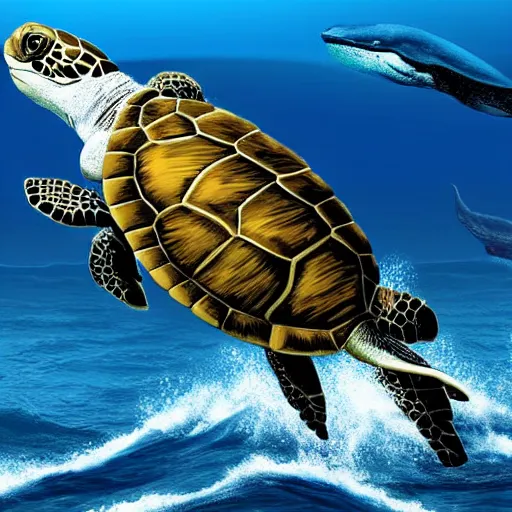 Image similar to a turtle riding a whale in the sea, 8k, digital art, photorealistic