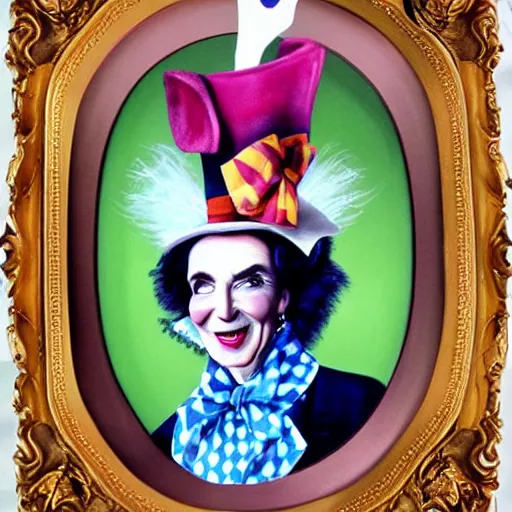 Image similar to nancy reagan dressed as the mad hatter, painted by mark ryden,