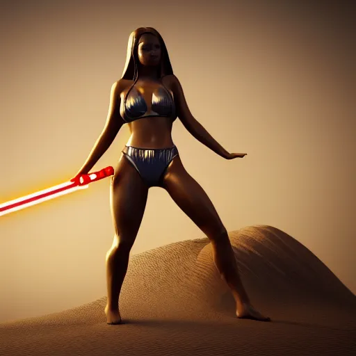 Prompt: highly detailedf figurine, beautiful young woman, slim waist, big bumm, heavy chest, with a light saber, martial art pose, octane render, bikini, volumetric lights, dramatic, highly detailed, messy, hair, in the desert