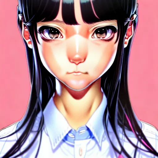 Image similar to depicting an extreme close up face of a dainty young mischievous female stoner prep highschool school student with medium length silky straight iridescent black hair and lightly suntanned skin, illustrated by Artgerm and Range Murata.