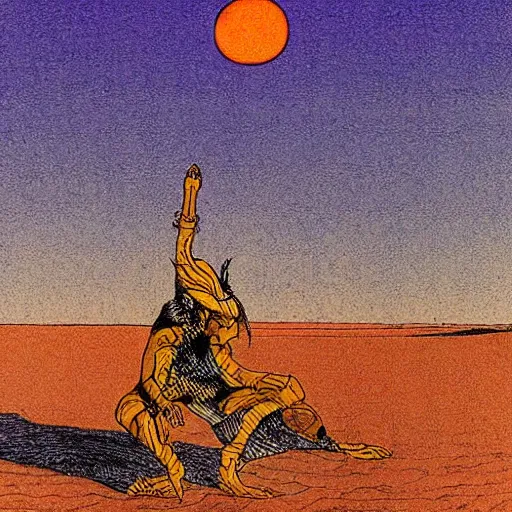 Prompt: sunset in a desert, shaman doing a ritual, energy streams, magic, drawing by moebius