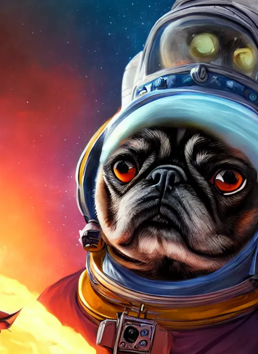 Image similar to An epic fantasy comic book style portrait painting of a pug astronaut in space, unreal 5, DAZ, hyperrealistic, octane render, cosplay, RPG portrait, dynamic lighting