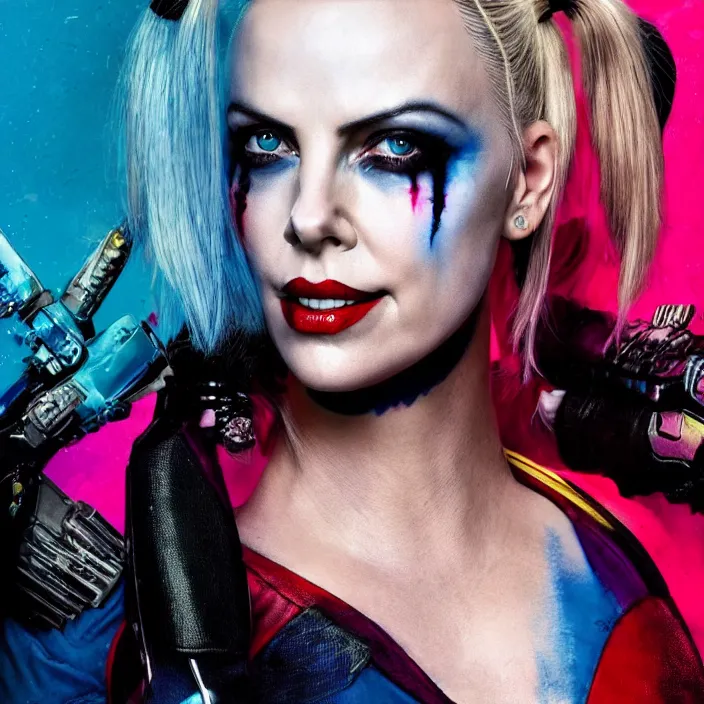 Image similar to portrait of Charlize Theron as a harley quinn in Suicide Squad. intricate abstract. intricate artwork. by Tooth Wu, wlop, beeple, dan mumford. octane render, trending on artstation, greg rutkowski very coherent symmetrical artwork. cinematic, hyper realism, high detail, octane render, 8k, iridescent accents