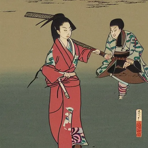 Image similar to Beautiful Japanese woman running from an old samurai on the beach Toshio Saeki, high detailed