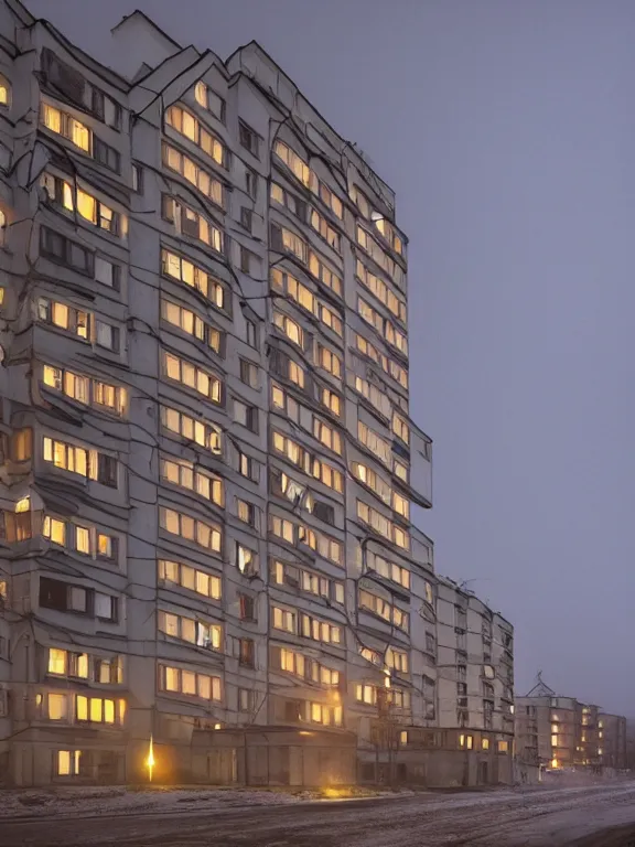 Image similar to soviet residential building in a residential area of russia, lights are on in the windows, night, starry sky, post - soviet courtyard, cozy atmosphere, light fog, street lamps with orange light, several birches nearby, several elderly people stand at the entrance to the building