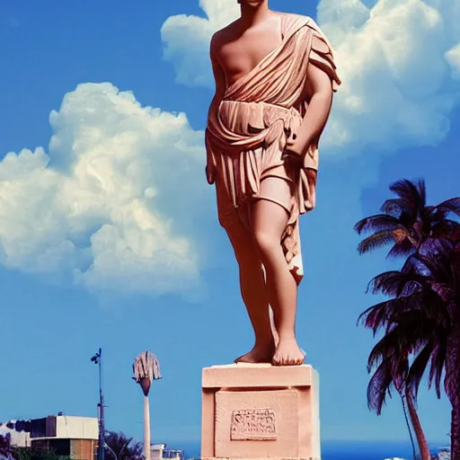 Prompt: a marble statue of a young greek man wearing a toga and seen from some distance, in a 1 9 8 0 s tropical neon vintage computer graphics environment, with palm trees and columns, pixelated, vaporwave, pink, blue, tropics, microsoft windows