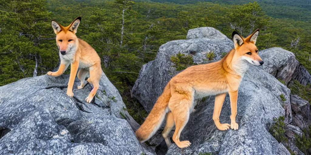 Prompt: a dingo poses on the precipice trail on mt. champlain in maine, ocean background, ladders