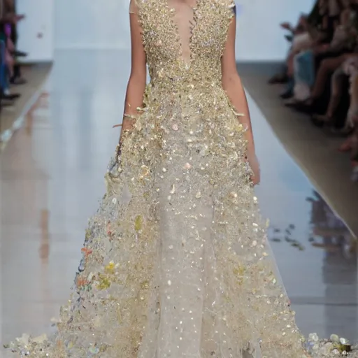 Image similar to a long wedding dress with a train made of flower petals made of light - colored fabric. transparent in places. in places, patterns of precious stones. intricate patterns of gold thin threads. fantasy. clear details