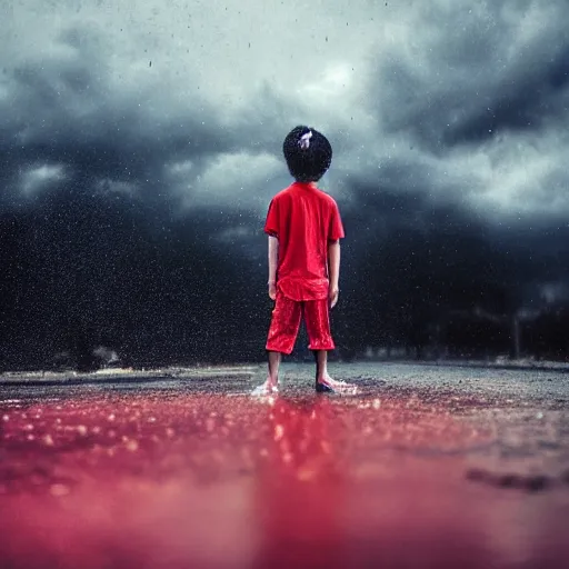 Image similar to dramatic picture of a kid on a colorful outfit standing backwards in the middle of a heavy rain surround by grey and grey clouds realistic photo taken with a good camera