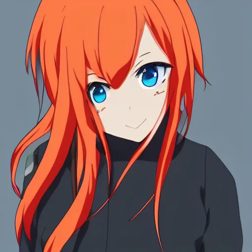 Image similar to key anime visual of a girl with red hair and orange eyes, smirking, trending on Pixiv; beautiful, sharp, detailed