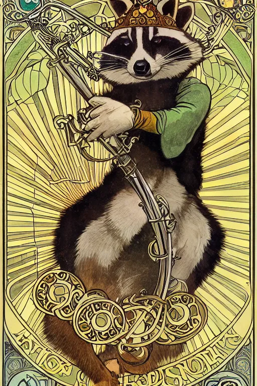 Image similar to Tarot card illustration of The Raccoon Playing a Tuba, illustration by Alphonse Mucha, art nouveau style, elaborate details, 4k