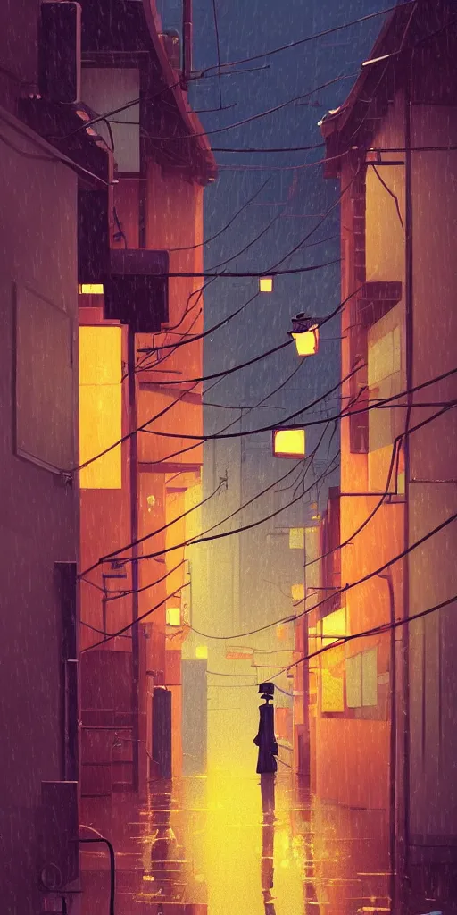 Prompt: tokyo alleyway, rainy day, lights, by cory loftis, makoto shinkai, hasui kawase, james gilleard, beautiful, serene, peaceful, lonely, golden curve composition