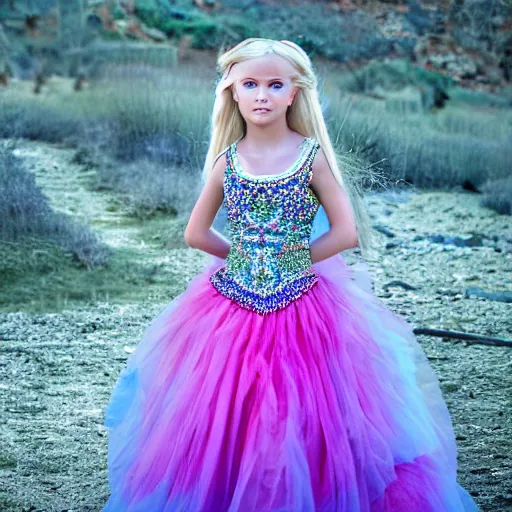 Prompt: a beautiful young princess with long blonde hair and blue eyes wearing a sleeveless elaborately beaded pink dress, high resolution film still, 8k, HDR color, film by Simon Langton and David Frankel