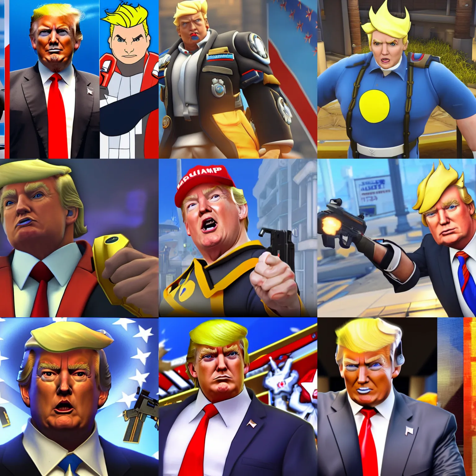 Prompt: gameplay screenshot of donald trump as an overwatch character,
