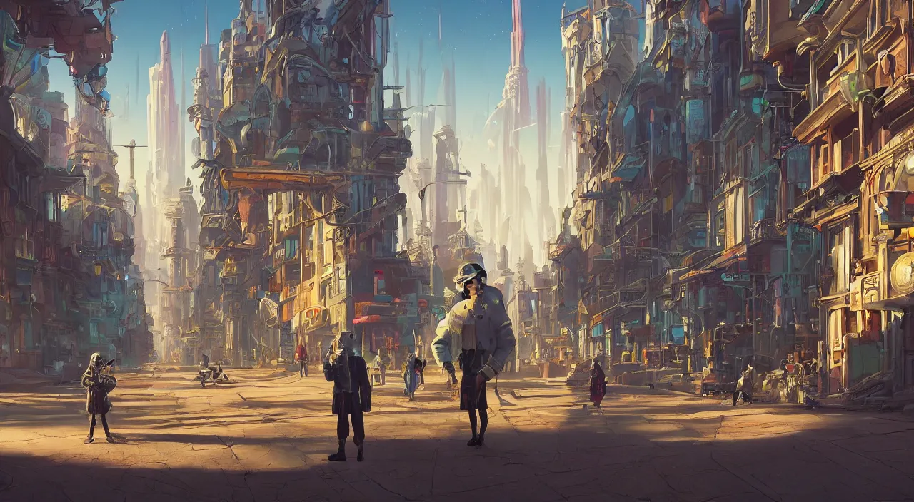 Image similar to a street level painting towards the horizon with high detail, sci - fi colorful victorian city with a victorian astronaut in the foreground at noon with sharp shadows by tyler edlin and sparth, wide angle lens, 4 k, vray, art nouveau influences. roger deakins, cinematic cinematography.