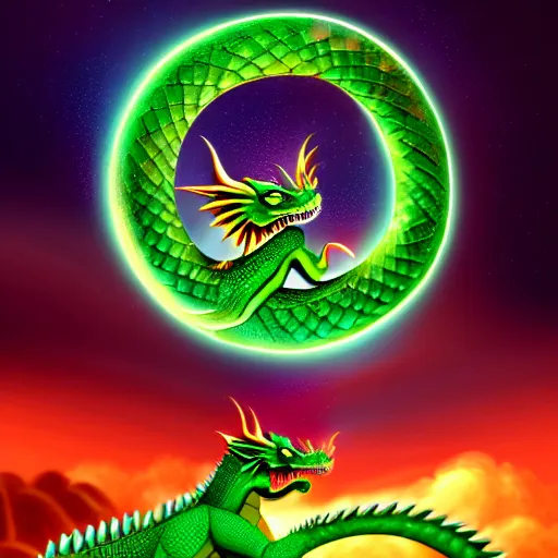 Image similar to illustration of the emerald dragon ouroboros god gaving birth to the universe, epic, masterpiece, digital art, matte painting, bold shapes, hard edges, trending on artstation, by kate irwin