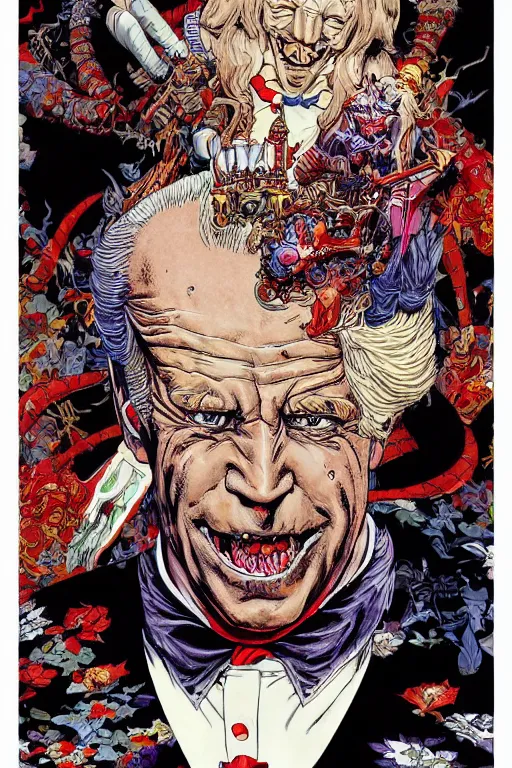 Image similar to joe biden dressed like a midevil jester, by yoichi hatakenaka, masamune shirow, josan gonzales and dan mumford, ayami kojima, takato yamamoto, barclay shaw, karol bak, yukito kishiro, hyperdetailed, trending on artstation