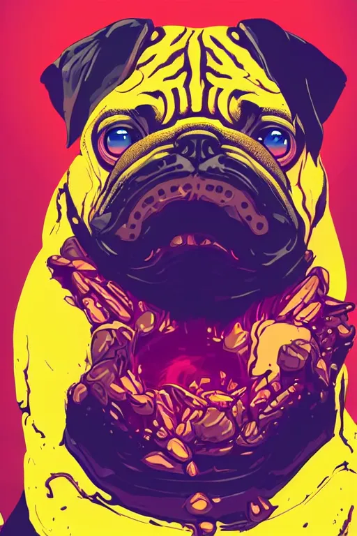 Image similar to demon pug eating flesh. art by mike winkelmann, sticker, colorful, illustration, highly detailed, simple, smooth and clean vector curves, no jagged lines, vector art, smooth