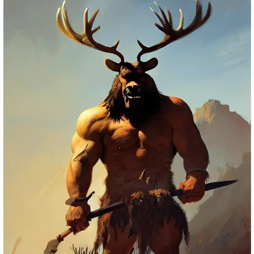 Image similar to hairy barbarian with moose head by greg rutkowski by frank frazetta