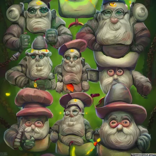 Image similar to garden gnomes as ghostbusters, intricate, highly detailed, digital painting, artstation, symmetrical, concept art, smooth, sharp focus, illustration, unreal engine 5, 8 k,