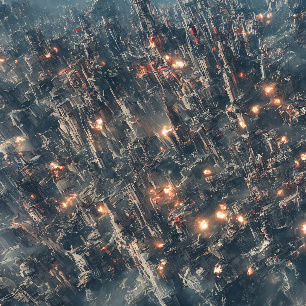 Prompt: squad of futuristic bombers, bombing a baroque cyberpunk city, explosions and fire, aerial view, hypermaximalistic, high details, cinematic, 8k resolution, beautiful detailed, insanely intricate details, artstation trending, octane render, unreal engine