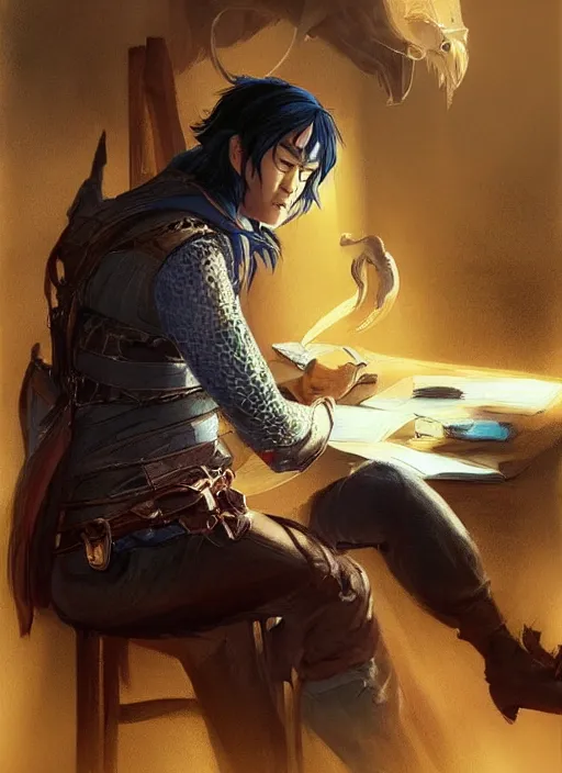 Image similar to asian with medium black hair man sitting at his desk look down at me, low angle, camera low, dndbeyond, bright, colourful, realistic, dnd character portrait, full body, pathfinder, pinterest, art by ralph horsley, dnd, rpg, lotr game design fanart by concept art, behance hd, artstation, deviantart, hdr render in unreal engine 5