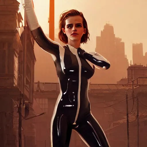 Image similar to highly detailed painting of emma watson wearing a latex suit, gta 5 cover art, stephen bliss, 8 k, by greg rutkowski, artgerm, loish, rhads, global illumination, radiant light, detailed and intricate environment